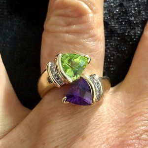 10K Yellow Gold Peridot Amethyst Diamond Ring